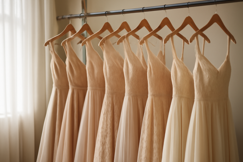 Deretan gaun pesta dengan berbagai bahan kain di butik