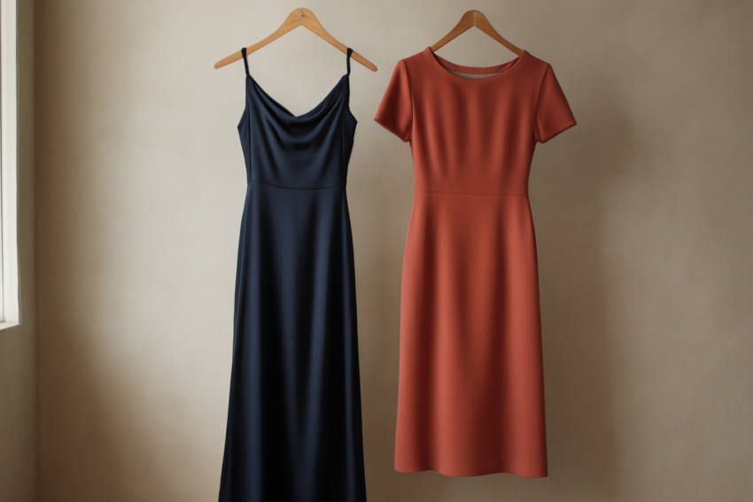 Dua gaun pesta digantung berdampingan, gaun satin panjang navy dan gaun midi crepe terracotta
